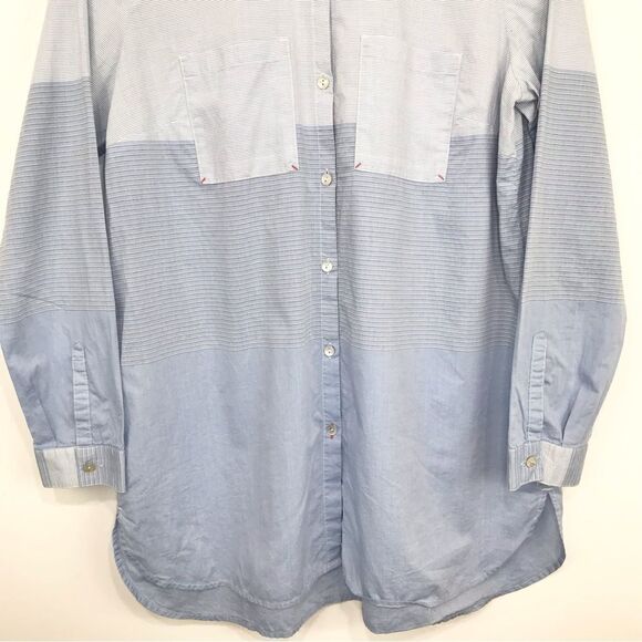J. Jill Blue Contrast Stripe Button Up Long Sleeve Cotton Tunic Blouse - Picture 3 of 13